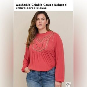 Washable Crinkle Gauze Relaxed Embroidered Blouse